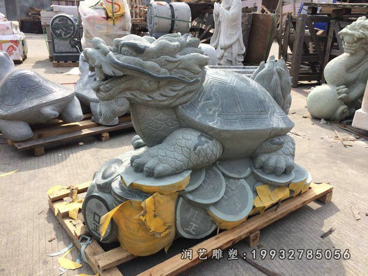青石铜钱龙龟石雕，石雕招财龙龟