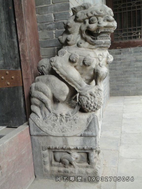 踩球门狮雕塑，仿古狮子石雕 (2)