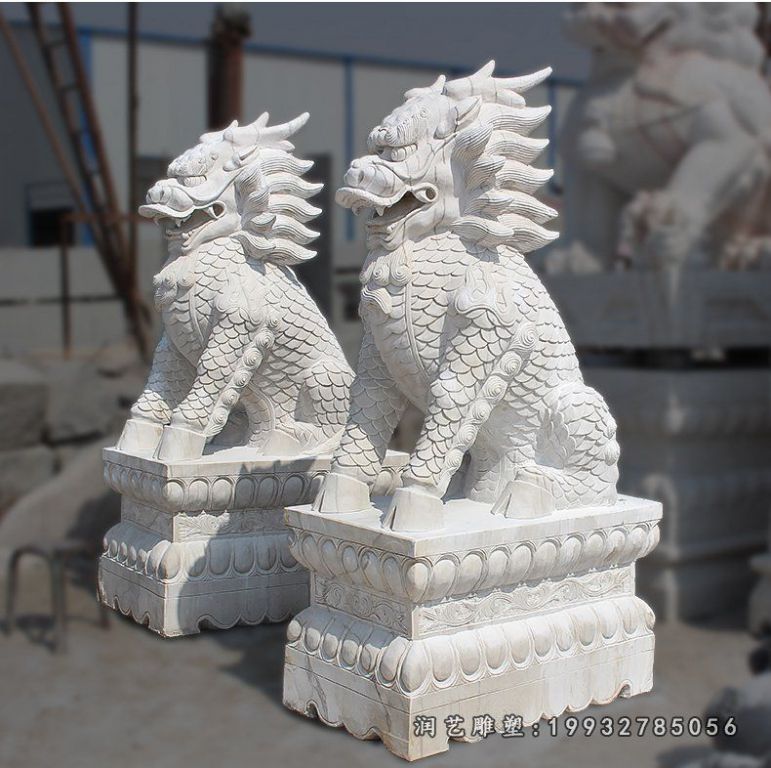 汉白玉麒麟，招财石雕